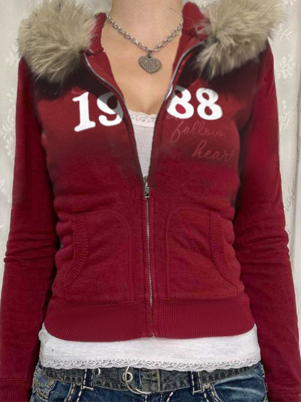RED ZIP-UP HOODIE WITH FUR TRIM AND RED DIGITAL PRINT DESIGN
