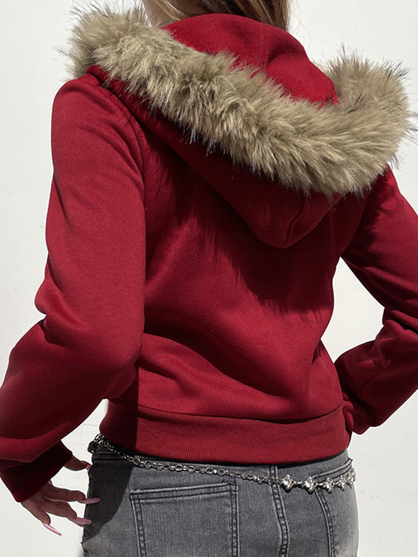 RED ZIP-UP HOODIE WITH FUR TRIM AND RED DIGITAL PRINT DESIGN
