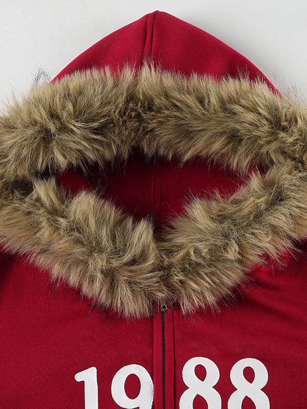 RED ZIP-UP HOODIE WITH FUR TRIM AND RED DIGITAL PRINT DESIGN