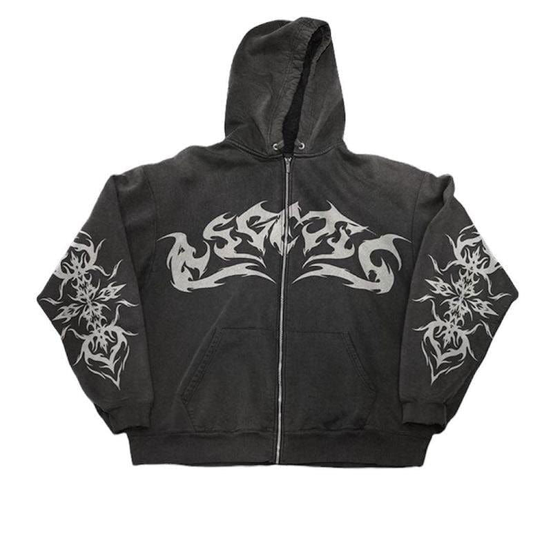RED ZIP-UP HOODIE WITH TRIBAL DESIGNS ZIP GRAPHIK SWEATSHIRT