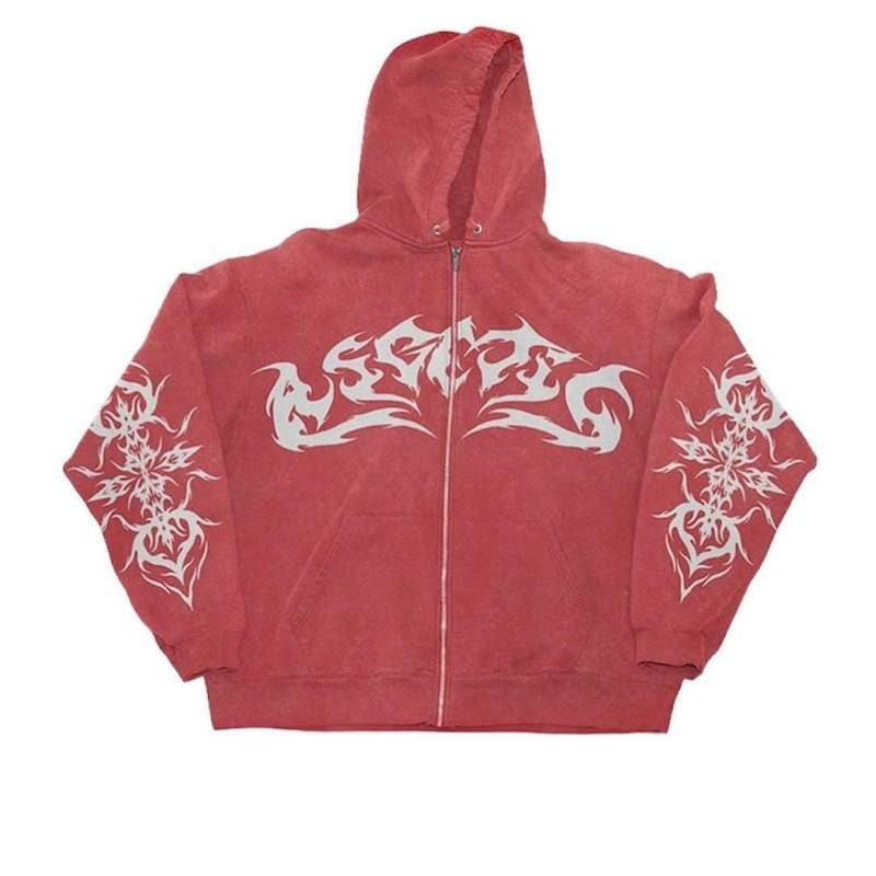 RED ZIP-UP HOODIE WITH TRIBAL DESIGNS ZIP GRAPHIK SWEATSHIRT