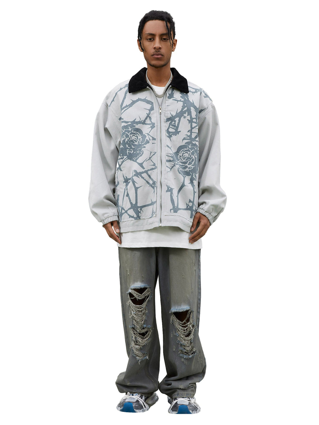 RETRO BASEBALL JACKET THORN ROSE DESIGN WITH DISTRESSED JEANS ENSEMBLE