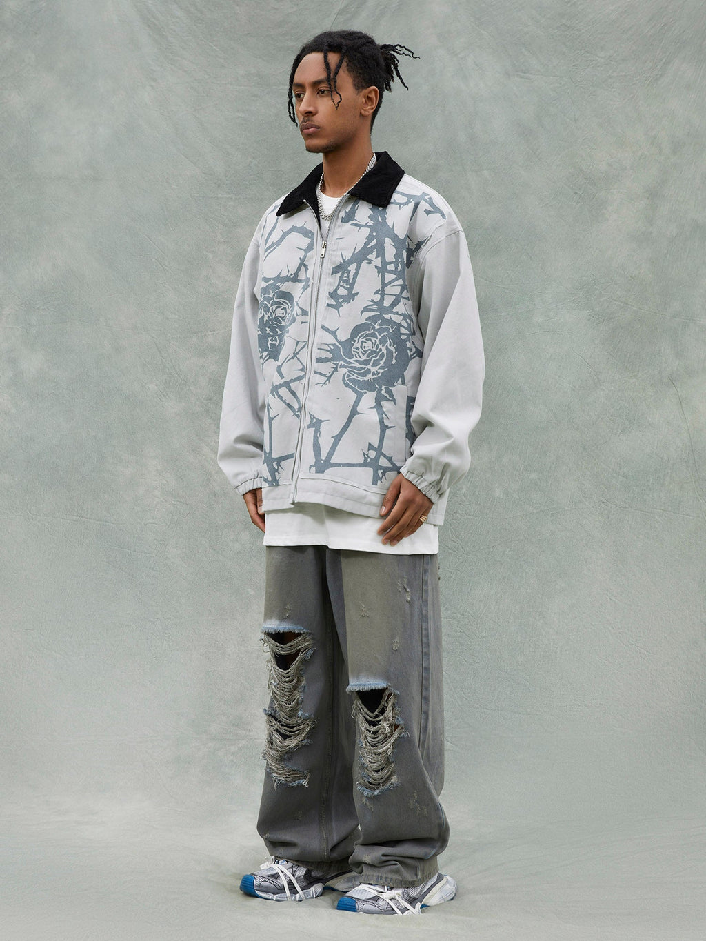 RETRO BASEBALL JACKET THORN ROSE DESIGN WITH DISTRESSED JEANS ENSEMBLE