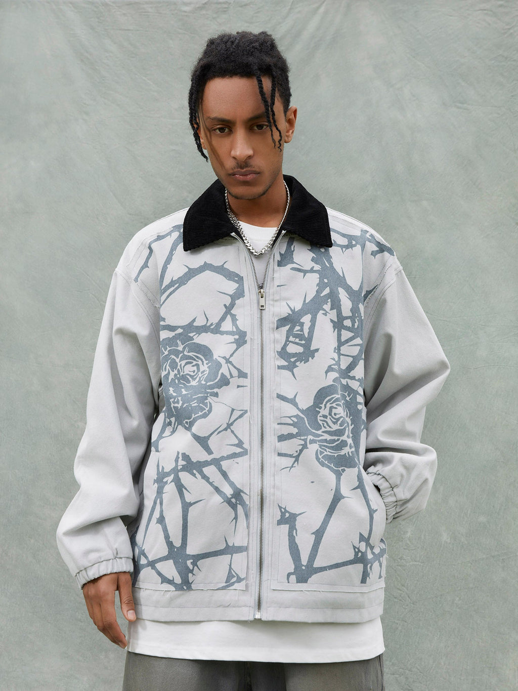 RETRO BASEBALL JACKET THORN ROSE DESIGN WITH DISTRESSED JEANS ENSEMBLE