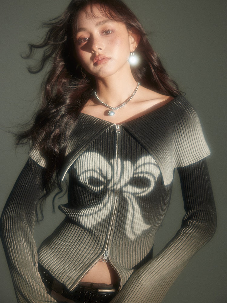 RIBBED KNIT CARDIGAN WITH BOW DESIGN FOR VINTAGE STREET STYLE