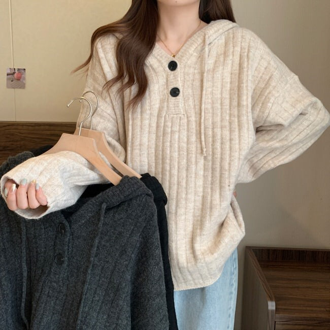 RIBBED KNIT HOODED SWEATER WITH BUTTONS FOR WOMEN AND MEN