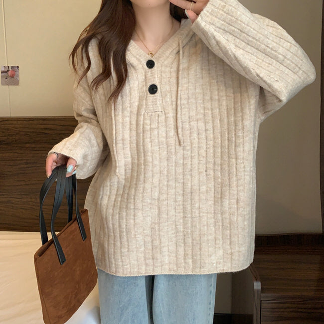 RIBBED KNIT HOODED SWEATER WITH BUTTONS FOR WOMEN AND MEN