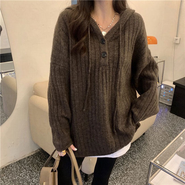 RIBBED KNIT HOODED SWEATER WITH BUTTONS FOR WOMEN AND MEN