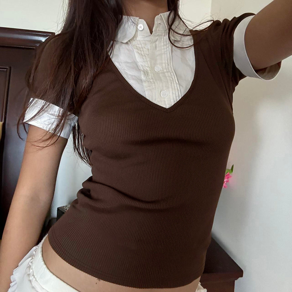 RIBBED KNIT TOP CLASSIC LAYERED EFFECT COLLAR SHIRT