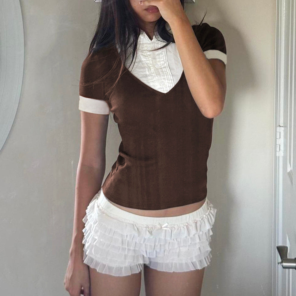 RIBBED KNIT TOP CLASSIC LAYERED EFFECT COLLAR SHIRT