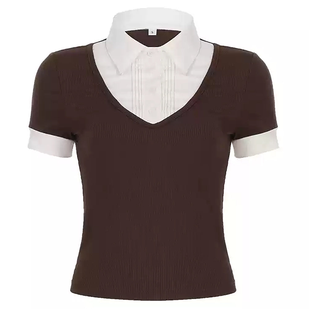 RIBBED KNIT TOP CLASSIC LAYERED EFFECT COLLAR SHIRT