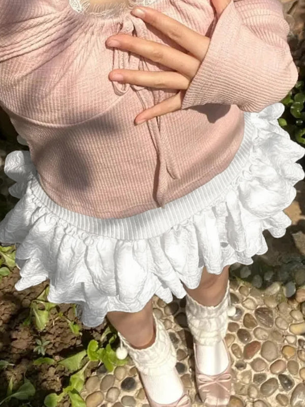 RIBBED TOP AND RUFFLED SKIRT SET WITH TEXTURED TIERED SHORTS