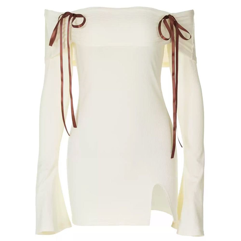 RIBBON TIE WHITE MINI DRESS OFF SHOULDER MINI DRESS
