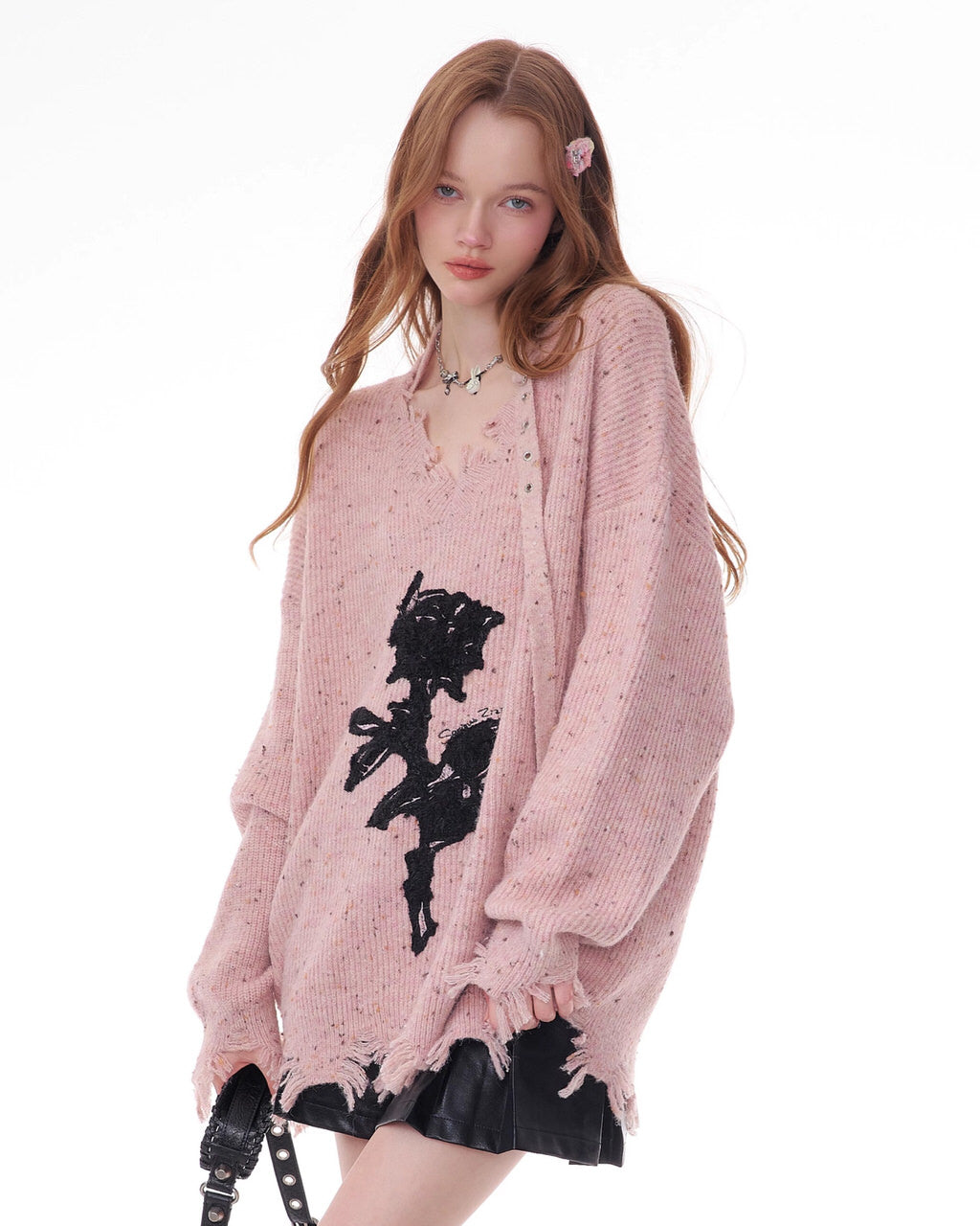 ROSE PRINT SWEATER DISTRESSED BLACK KNIT FRAYED HEM