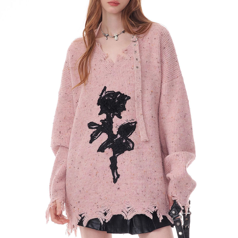 ROSE PRINT SWEATER DISTRESSED BLACK KNIT FRAYED HEM