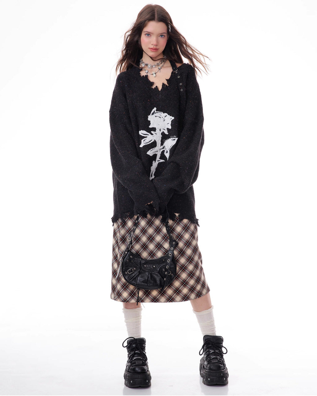 ROSE PRINT SWEATER DISTRESSED BLACK KNIT FRAYED HEM