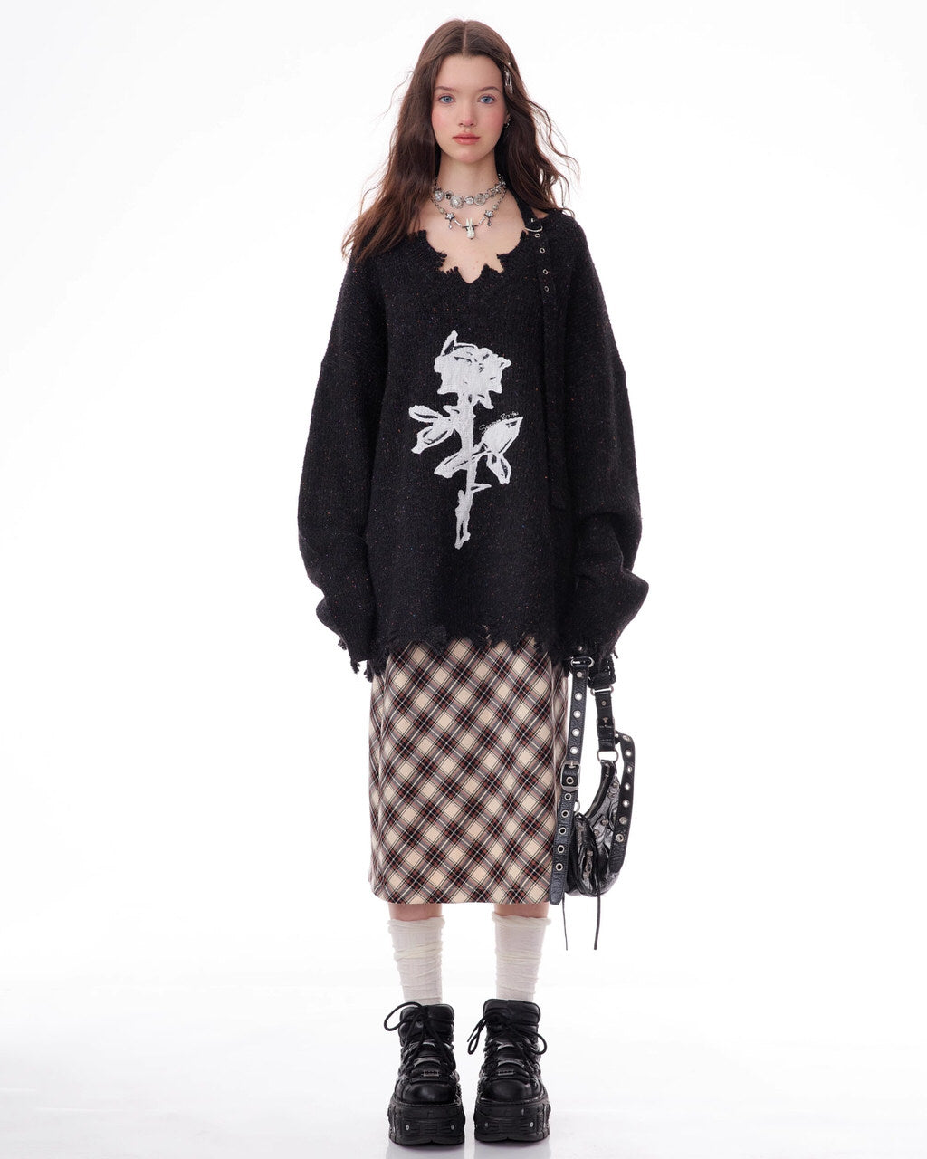 ROSE PRINT SWEATER DISTRESSED BLACK KNIT FRAYED HEM