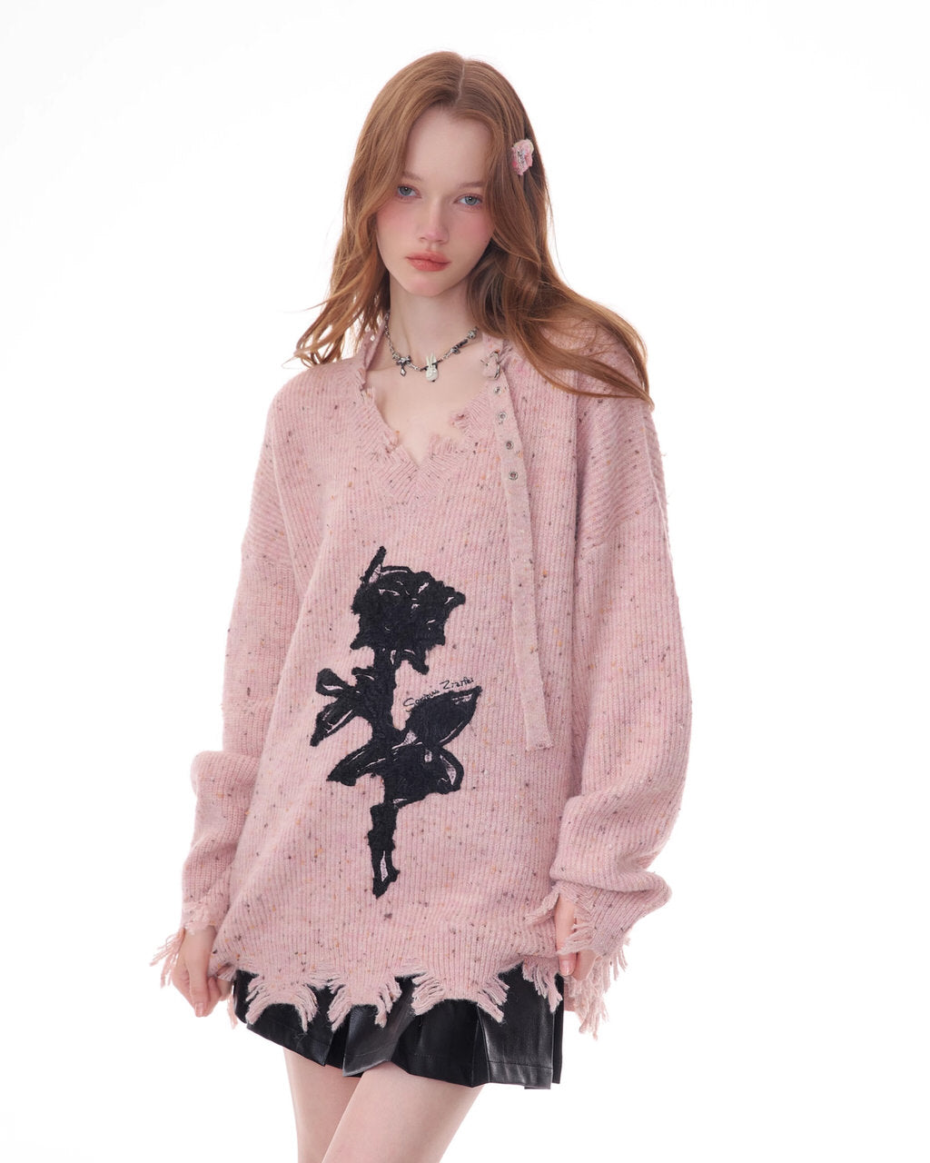 ROSE PRINT SWEATER DISTRESSED BLACK KNIT FRAYED HEM