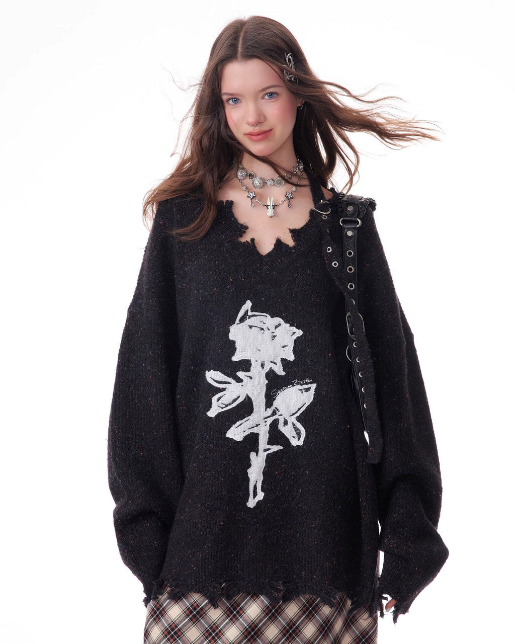 ROSE PRINT SWEATER DISTRESSED BLACK KNIT FRAYED HEM