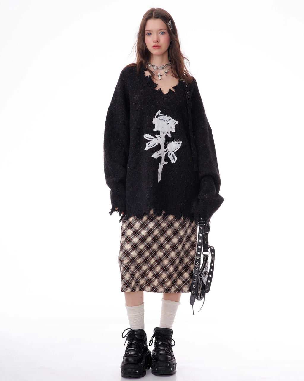 ROSE PRINT SWEATER DISTRESSED BLACK KNIT FRAYED HEM