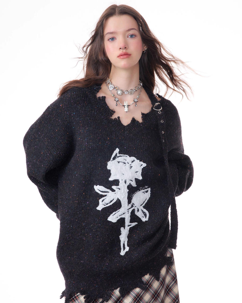 ROSE PRINT SWEATER DISTRESSED BLACK KNIT FRAYED HEM