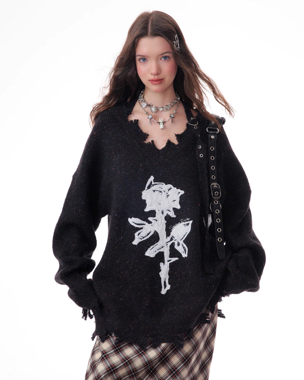 ROSE PRINT SWEATER DISTRESSED BLACK KNIT FRAYED HEM