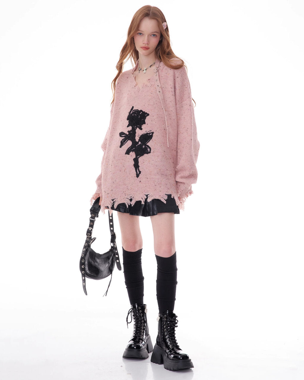 ROSE PRINT SWEATER DISTRESSED BLACK KNIT FRAYED HEM