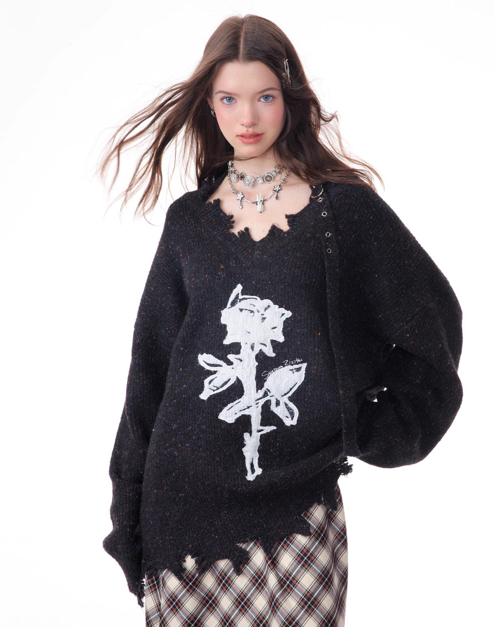 ROSE PRINT SWEATER DISTRESSED BLACK KNIT FRAYED HEM