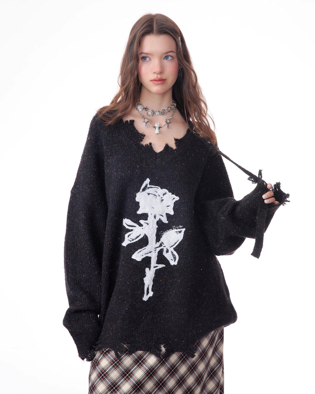 ROSE PRINT SWEATER DISTRESSED BLACK KNIT FRAYED HEM
