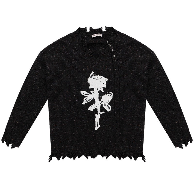 ROSE PRINT SWEATER DISTRESSED BLACK KNIT FRAYED HEM