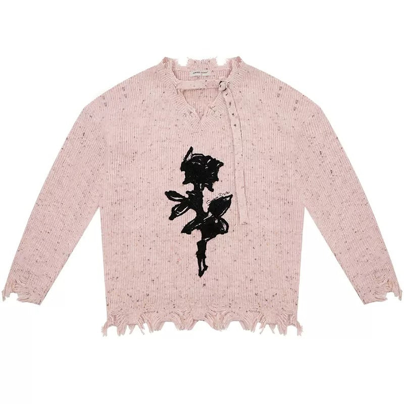 ROSE PRINT SWEATER DISTRESSED BLACK KNIT FRAYED HEM