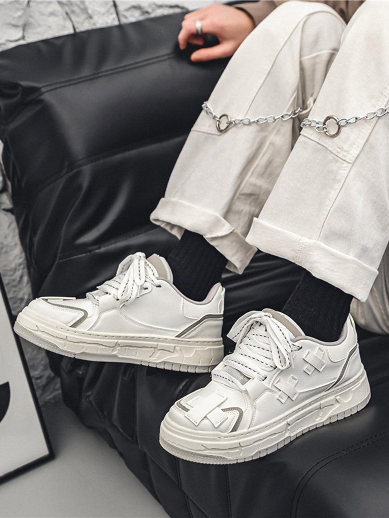 ROUND TOE SNEAKERS - WHITE LEATHER WITH GRAY SOLES - TOE BOARD SHOES