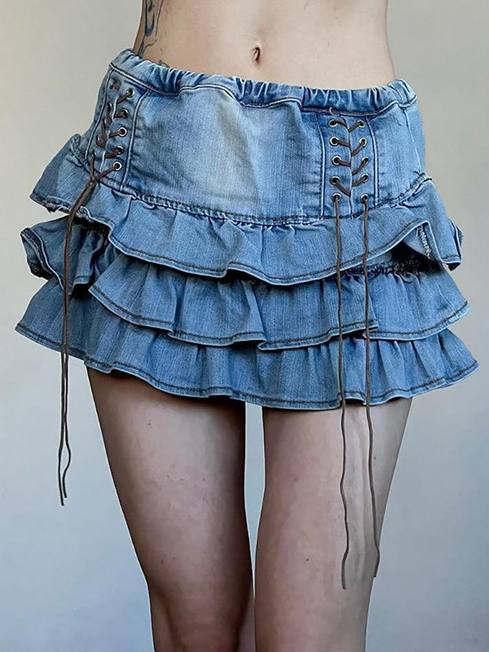 RUFFLED DENIM MINI SKIRT WITH LACE-UP DETAIL FOR CASUAL STREET STYLE