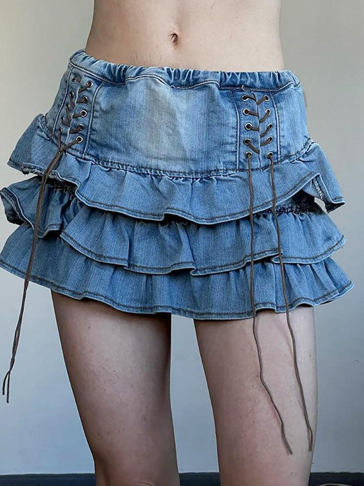 RUFFLED DENIM MINI SKIRT WITH LACE-UP DETAIL FOR CASUAL STREET STYLE