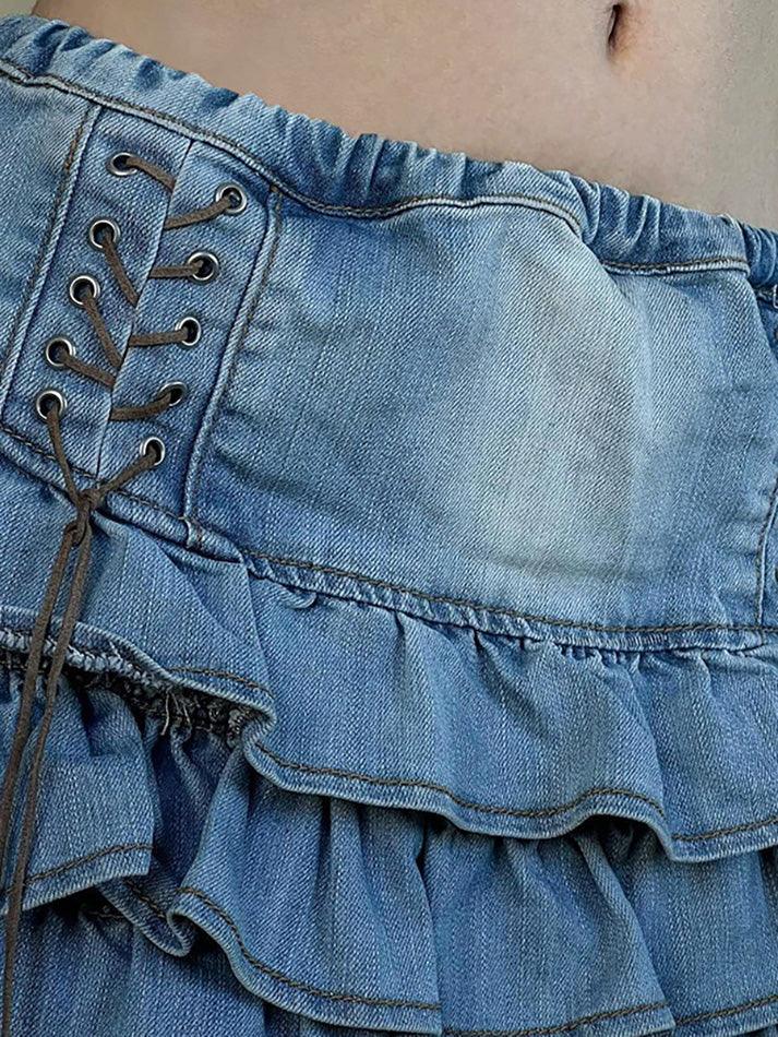 RUFFLED DENIM MINI SKIRT WITH LACE-UP DETAIL FOR CASUAL STREET STYLE