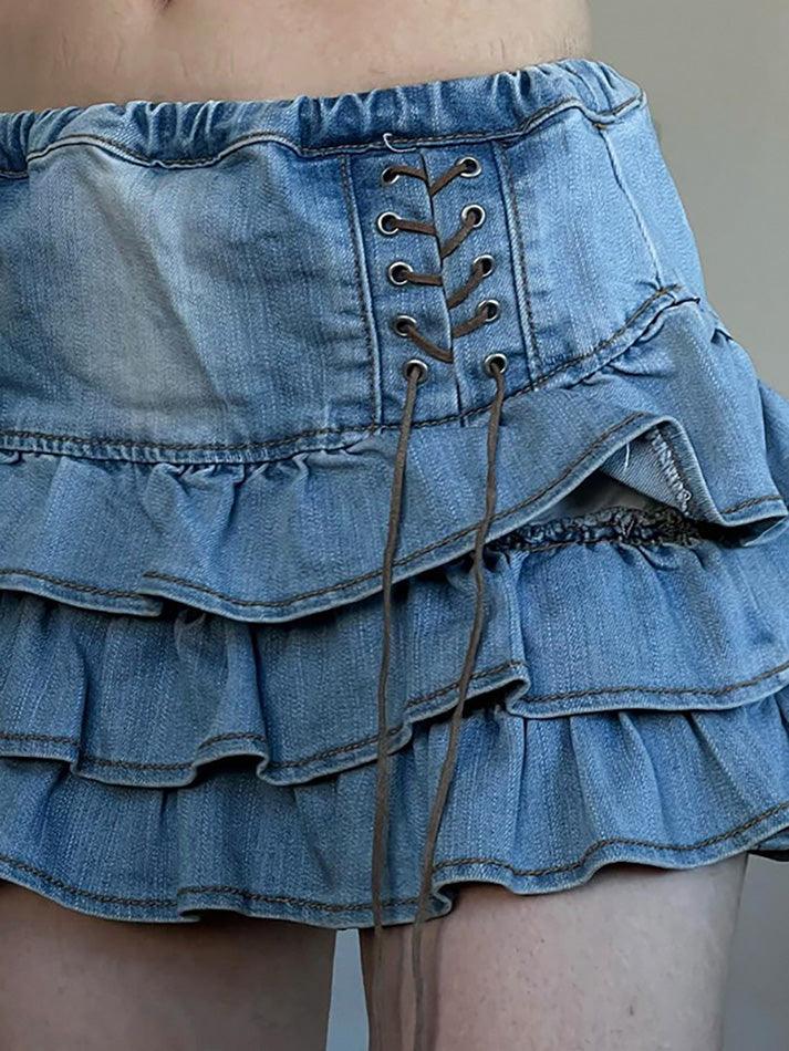 RUFFLED DENIM MINI SKIRT WITH LACE-UP DETAIL FOR CASUAL STREET STYLE