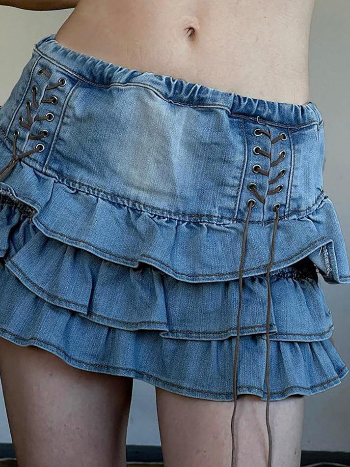 RUFFLED DENIM MINI SKIRT WITH LACE-UP DETAIL FOR CASUAL STREET STYLE