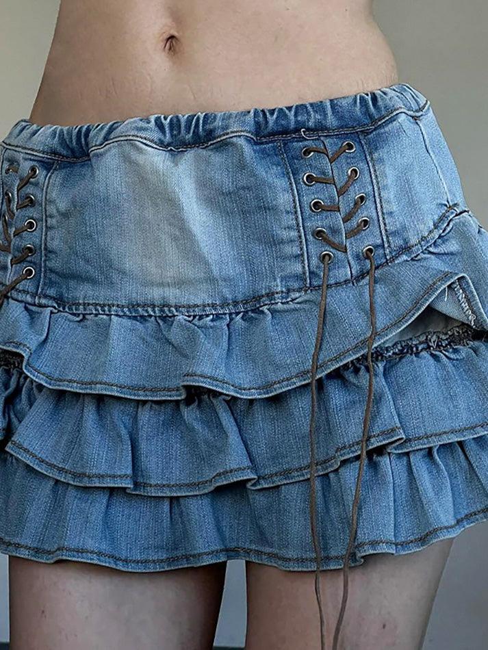 RUFFLED DENIM MINI SKIRT WITH LACE-UP DETAIL FOR CASUAL STREET STYLE