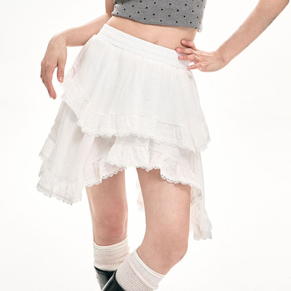 RUFFLED HIGH-LOW SKIRT WITH LACE TRIM