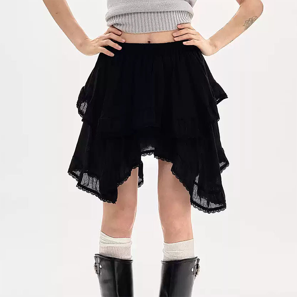 RUFFLED HIGH-LOW SKIRT WITH LACE TRIM