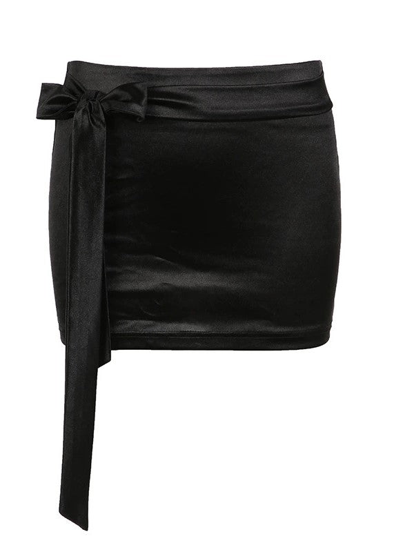 SATIN MINI SKIRT WITH BOW DETAIL - ELEGANT SATIN MINI SKIRT