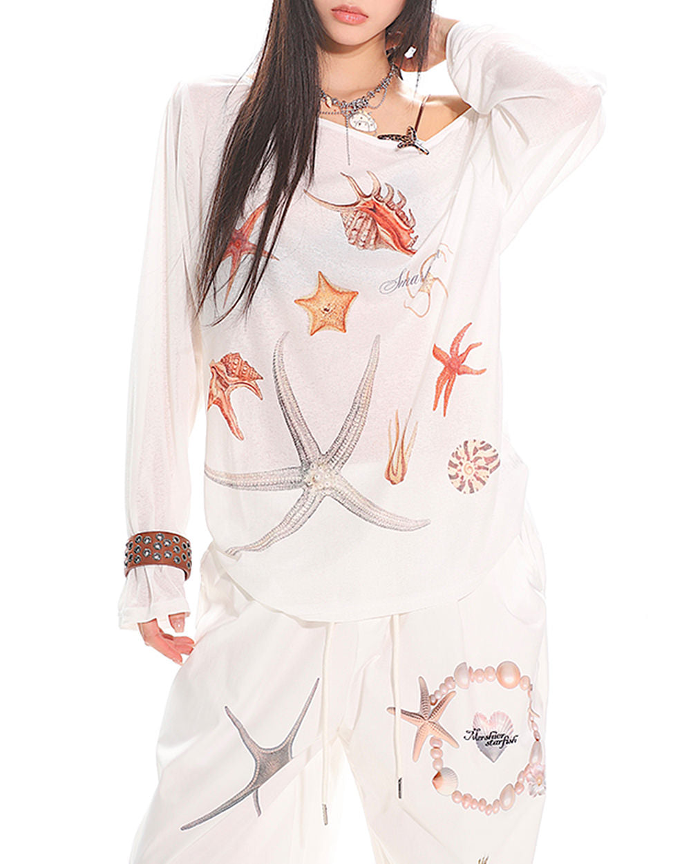 SEA LIFE PRINT OFF-THE-SHOULDER LONG-SLEEVED TOP FOR WOMEN