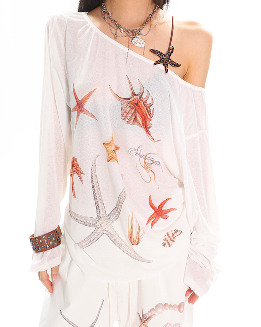 SEA LIFE PRINT OFF-THE-SHOULDER LONG-SLEEVED TOP FOR WOMEN