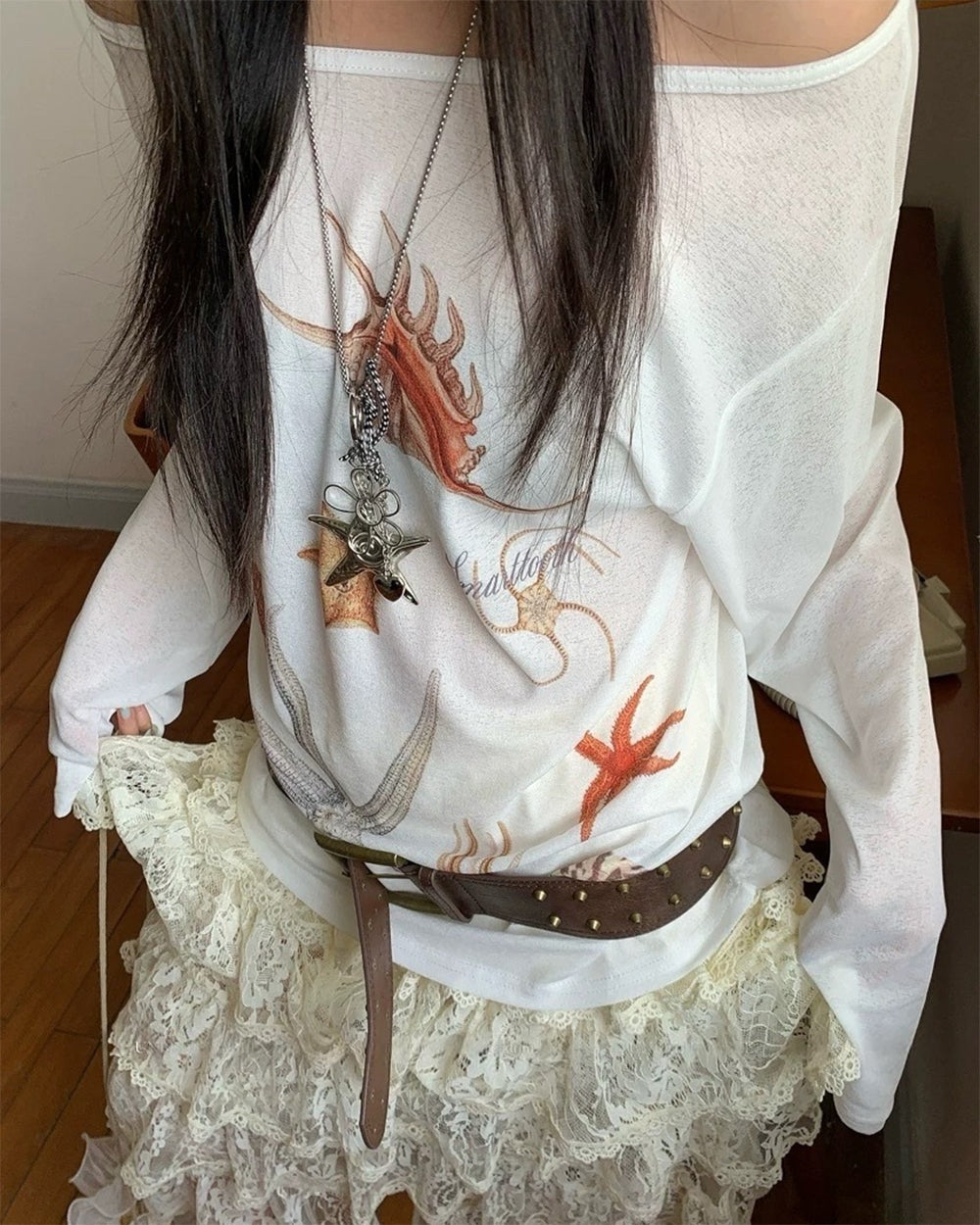 SEA LIFE PRINT OFF-THE-SHOULDER LONG-SLEEVED TOP FOR WOMEN