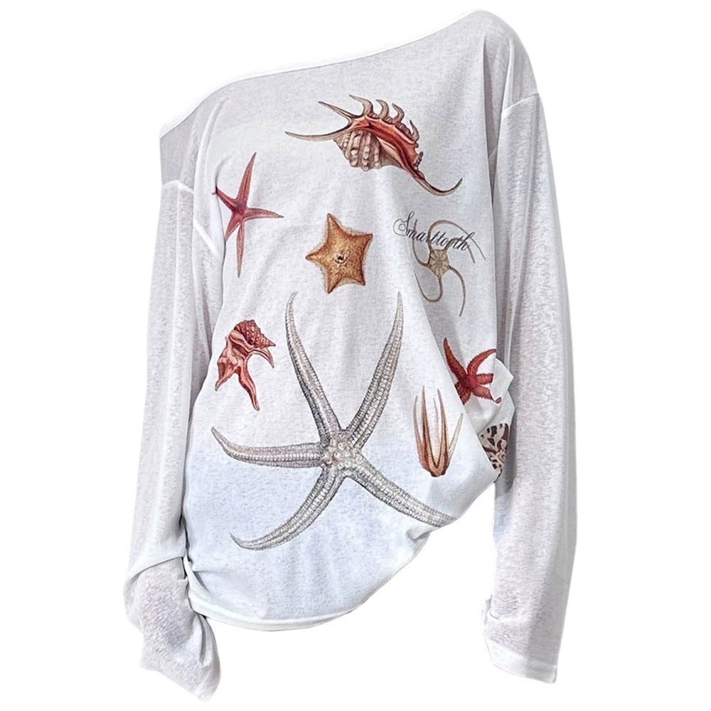 SEA LIFE PRINT OFF-THE-SHOULDER LONG-SLEEVED TOP FOR WOMEN