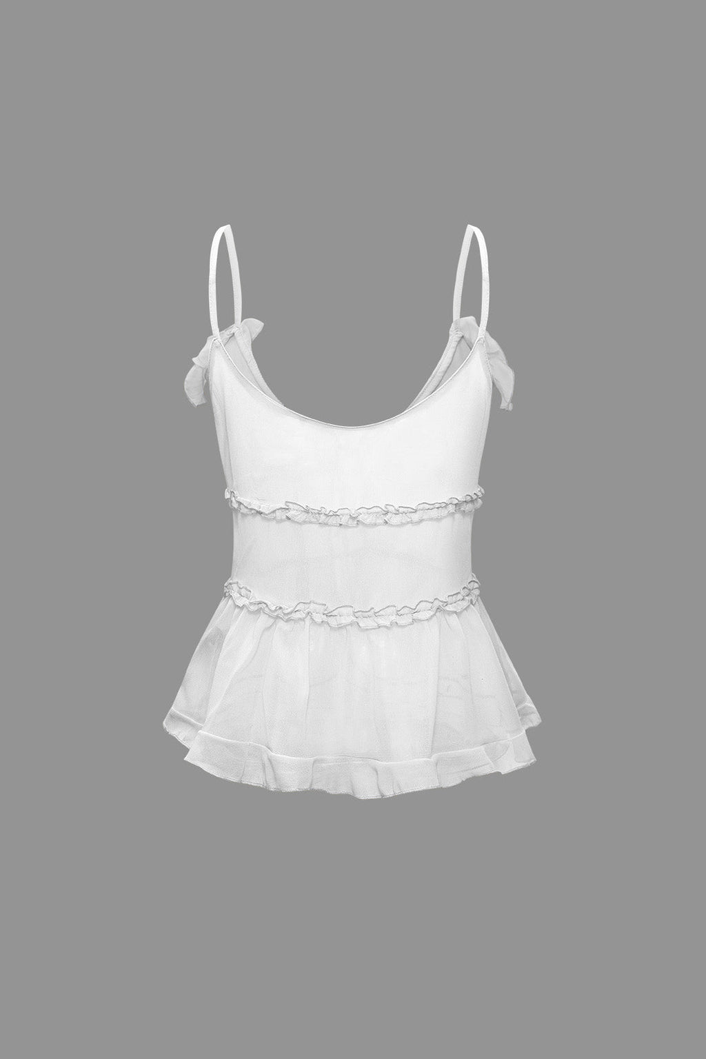 SHEER RUFFLE CAMI TOP IN BLACK WITH SOLID COLOR DESIGN