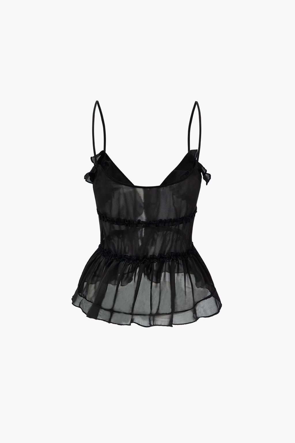 SHEER RUFFLE CAMI TOP IN BLACK WITH SOLID COLOR DESIGN
