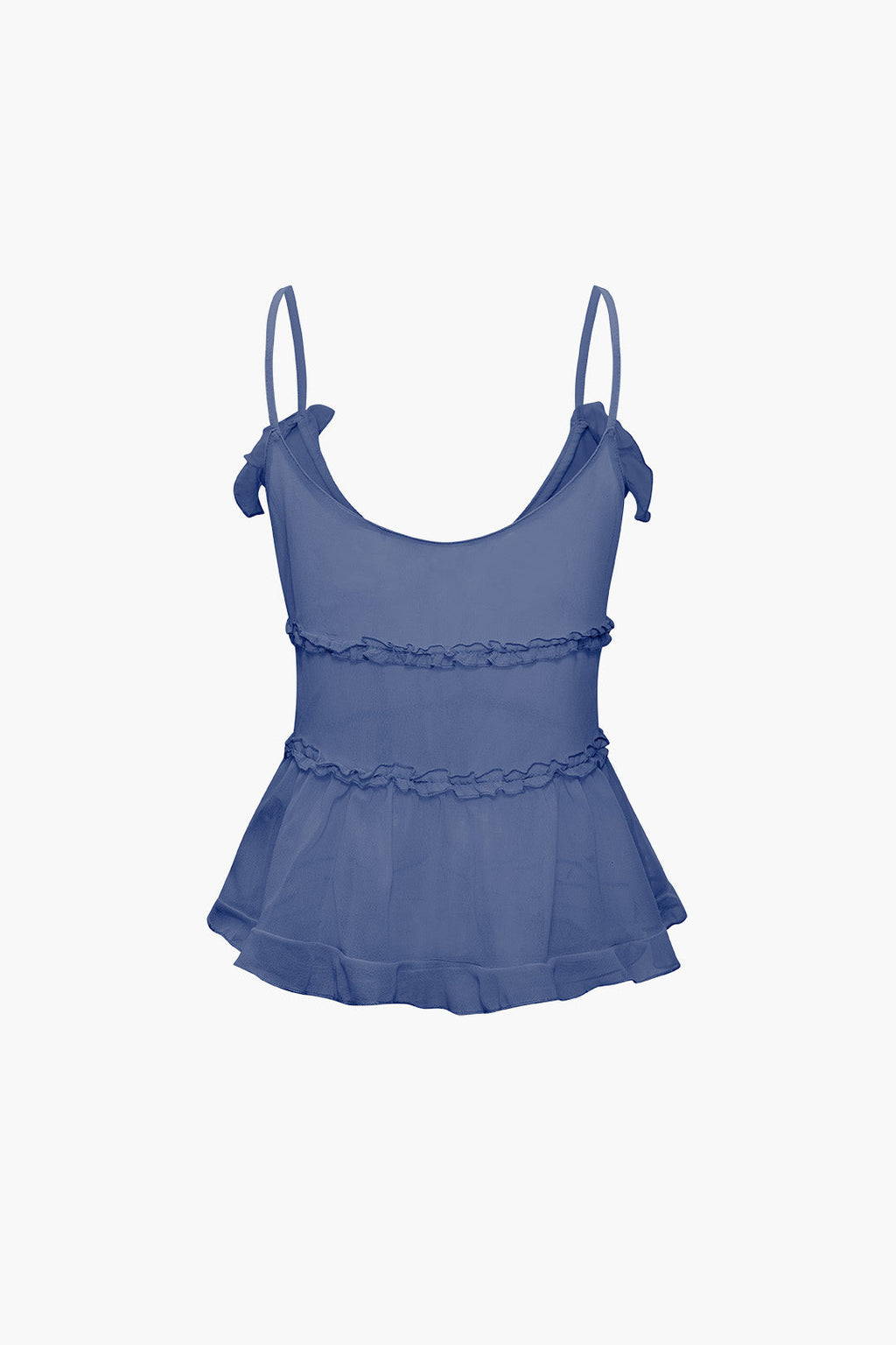 SHEER RUFFLE CAMI TOP IN BLACK WITH SOLID COLOR DESIGN