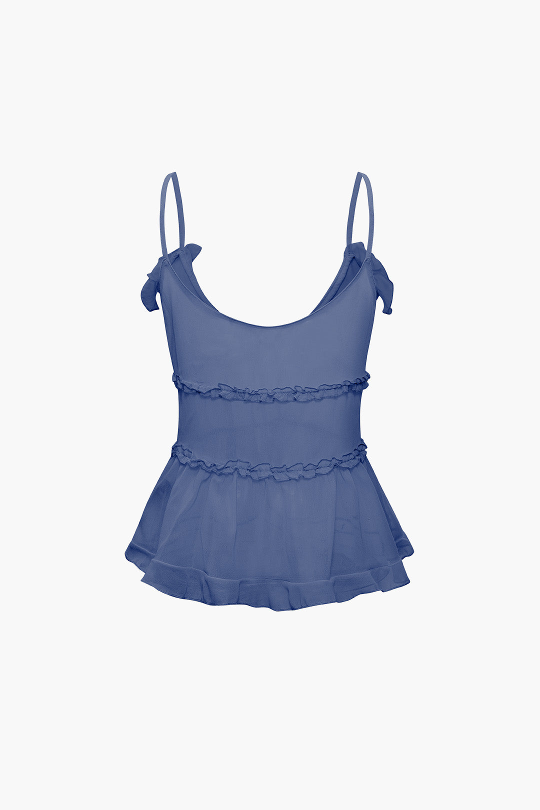 SHEER RUFFLE CAMI TOP IN BLACK WITH SOLID COLOR DESIGN