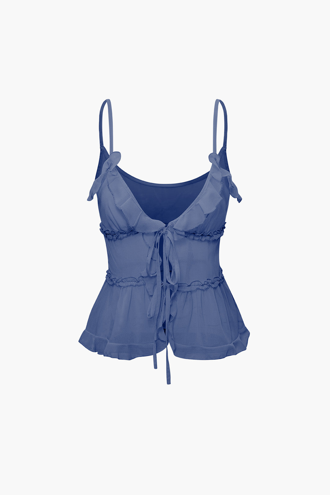 SHEER RUFFLE CAMI TOP IN BLACK WITH SOLID COLOR DESIGN